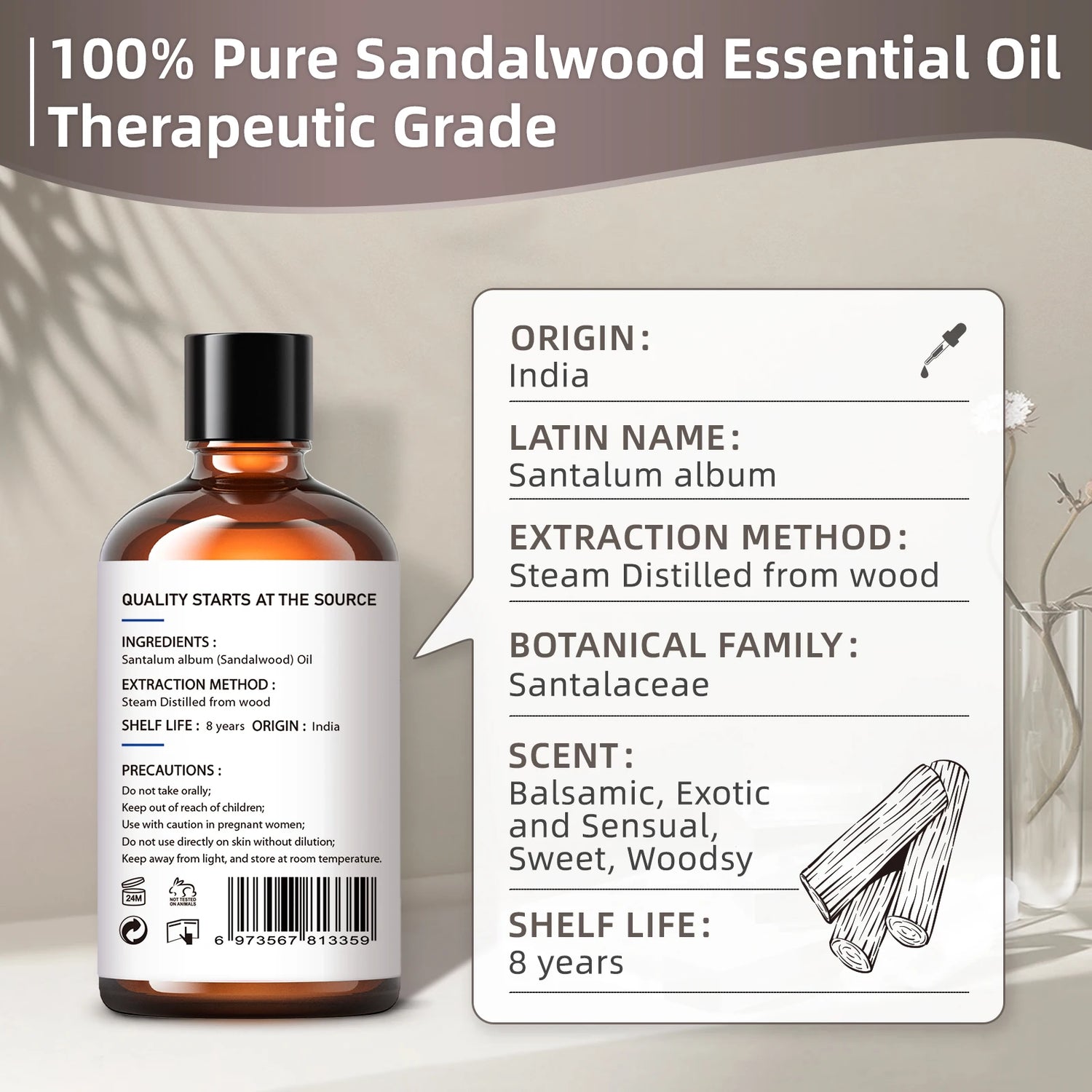Bottle of 100% Pure Sandalwood Essential Oil with detailed information card on a neutral background