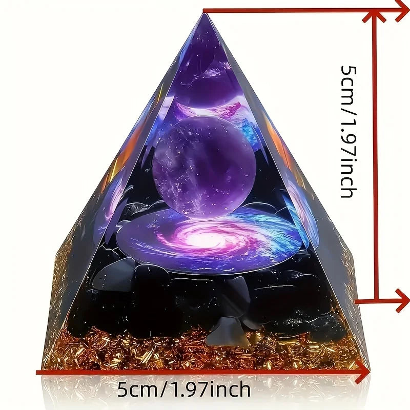 Pyramid-shaped decorative item with a cosmic design and measurements indicated.