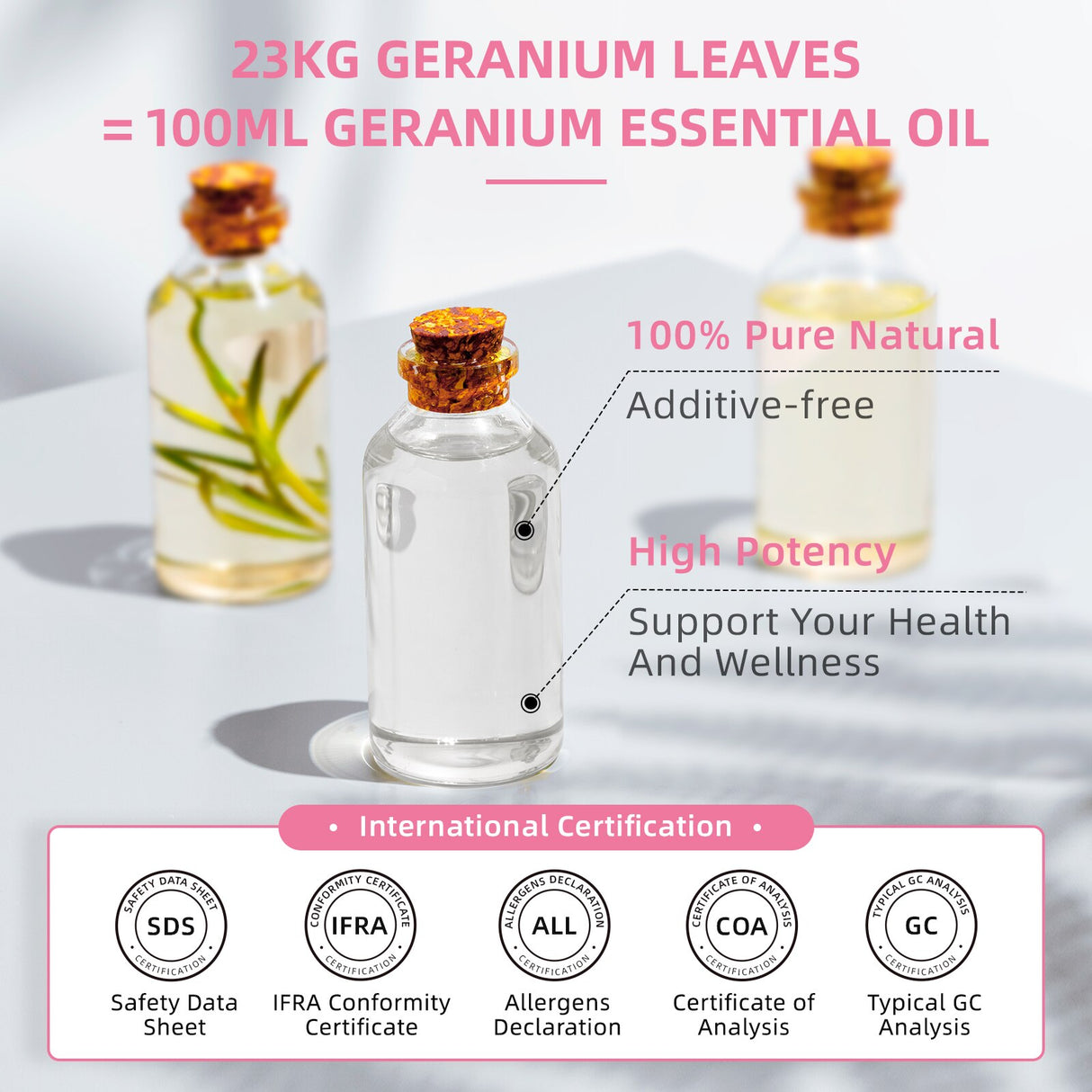 Geranium essential oil bottle with certification logos on a light background