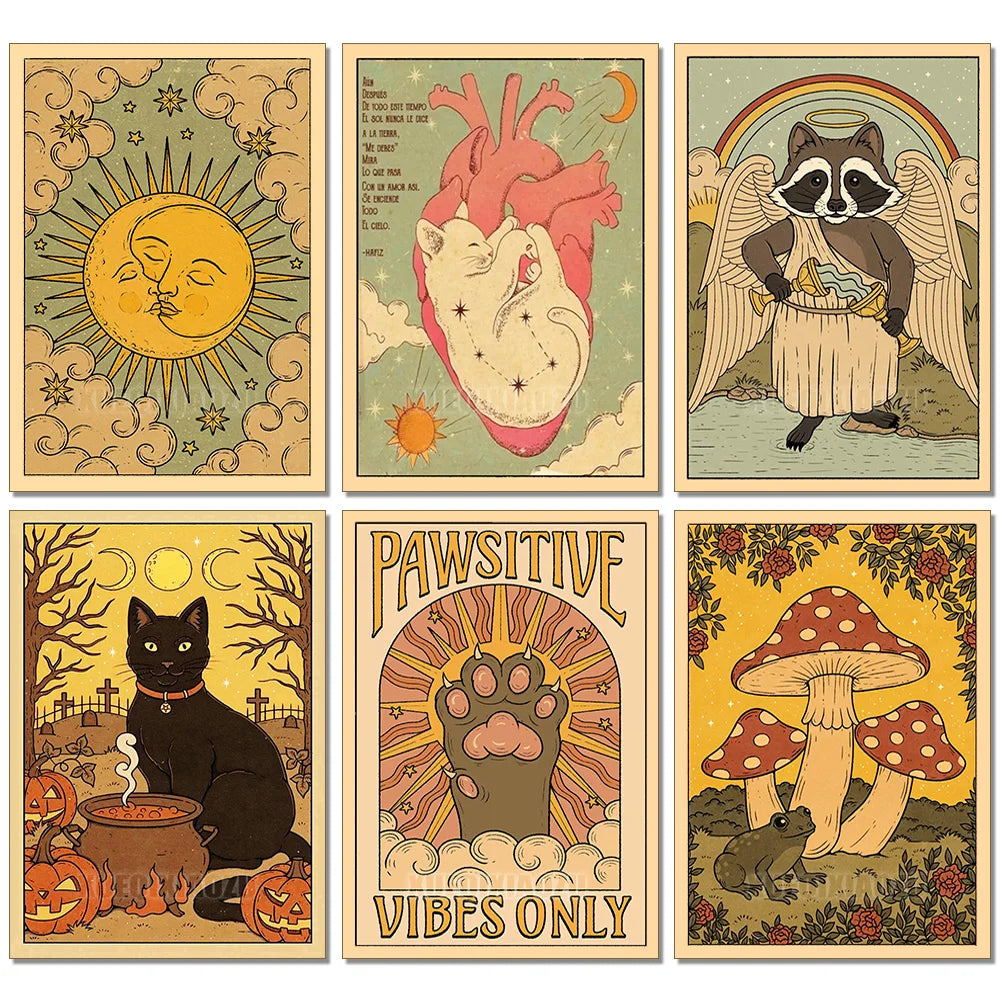 Set of six colorful posters with various designs including a sun, heart, raccoon, black cat, paw print, and mushrooms.