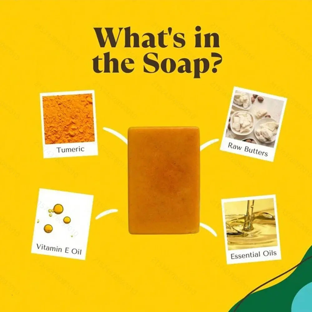 Bar of soap with ingredients labeled on a yellow background