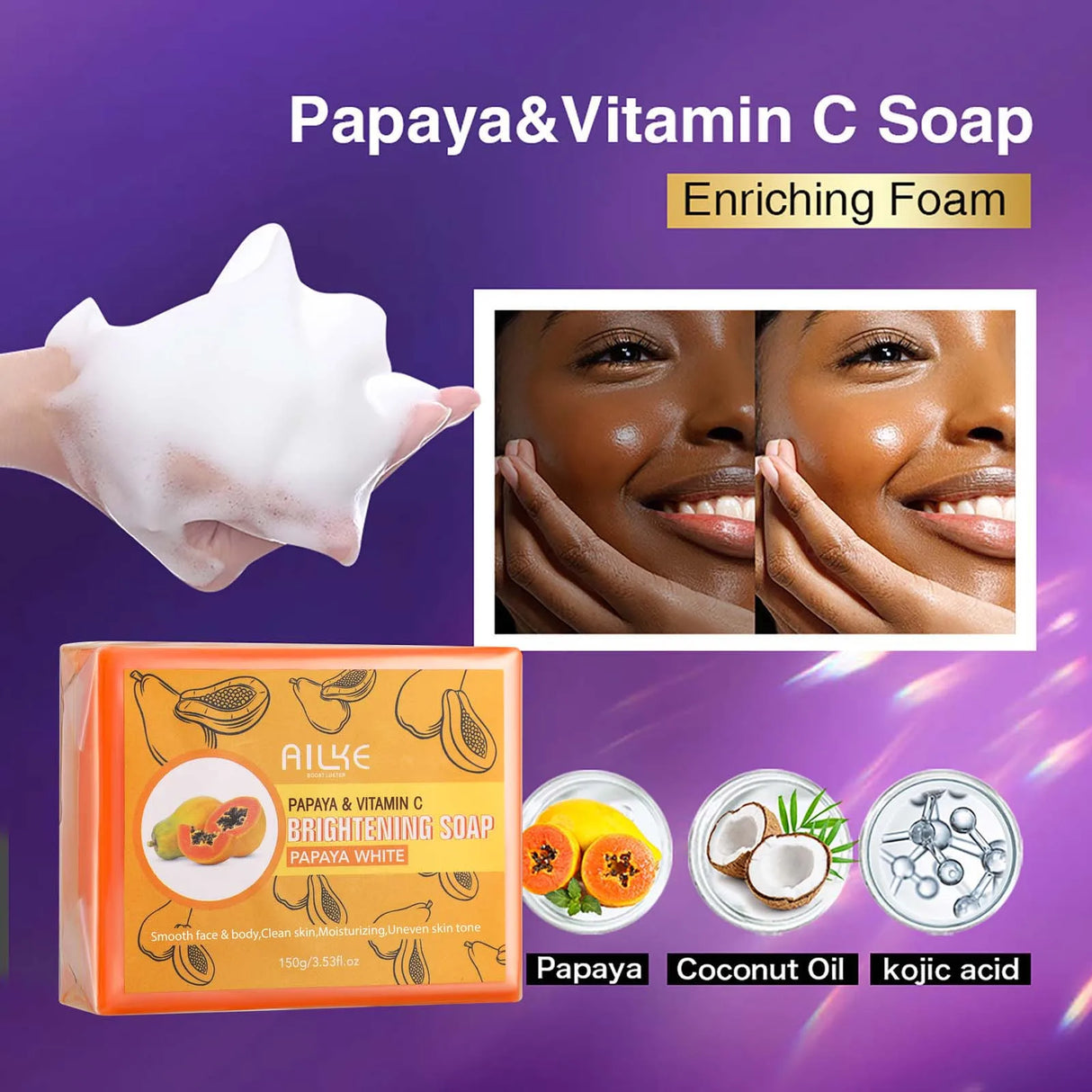 Papaya & Vitamin C Soap packaging with a hand holding soap foam, and images of people using the soap.