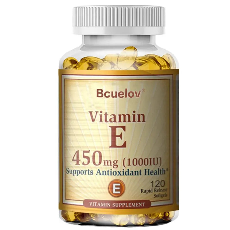 Bottle of Bcuelov Vitamin E supplement with yellow capsules on a white background