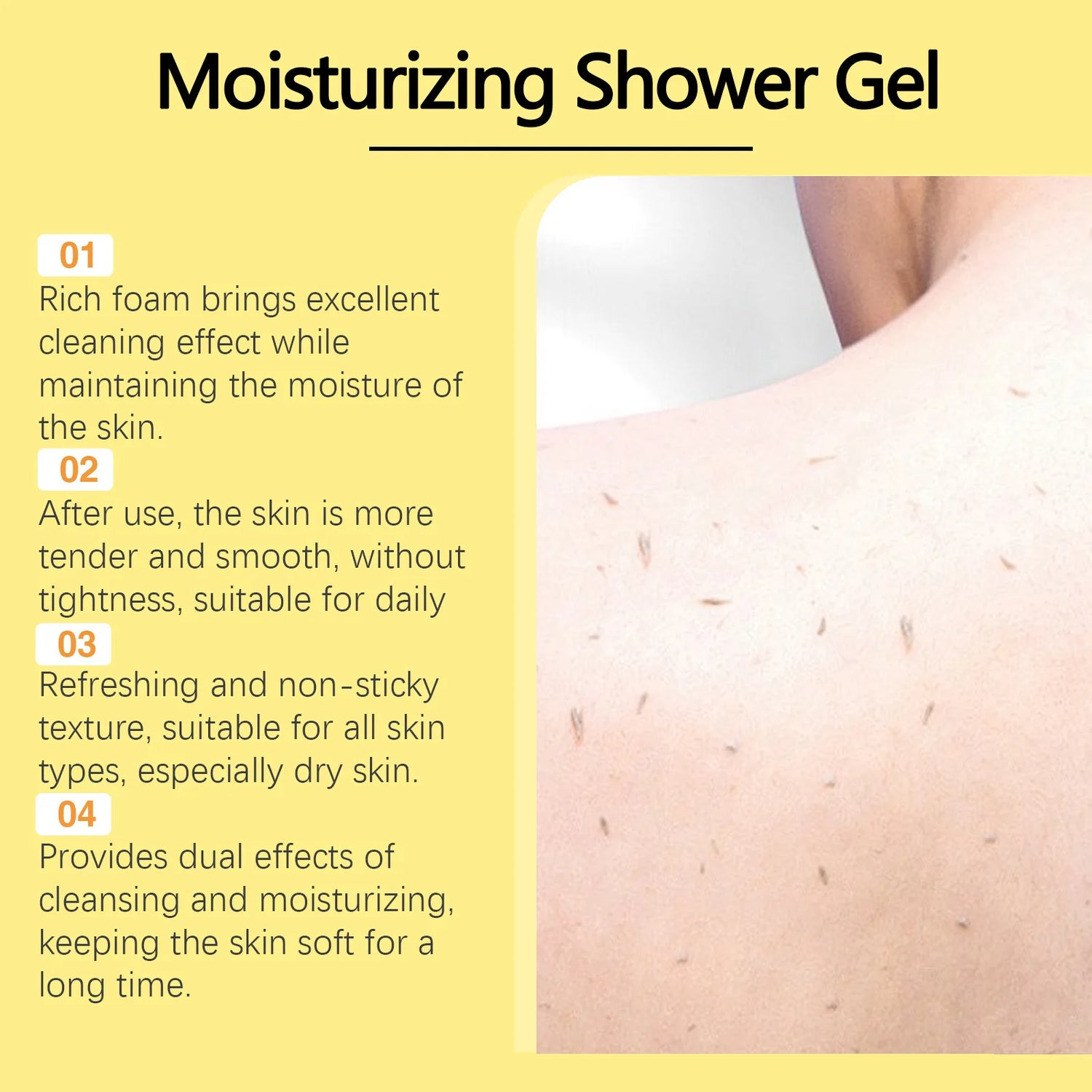 Advertisement for moisturizing shower gel with text and a close-up of skin.
