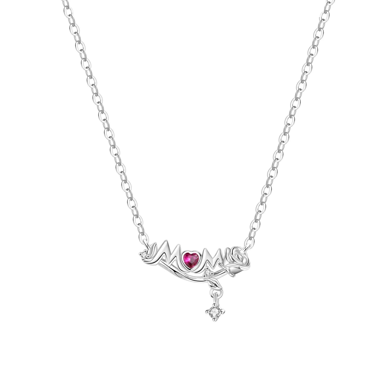 Silver necklace with a heart pendant on a white background