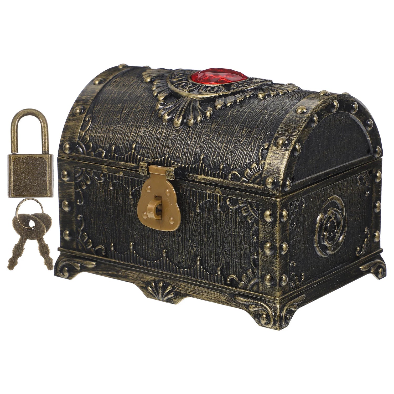 Decorative treasure chest with intricate designs and a padlock on a white background