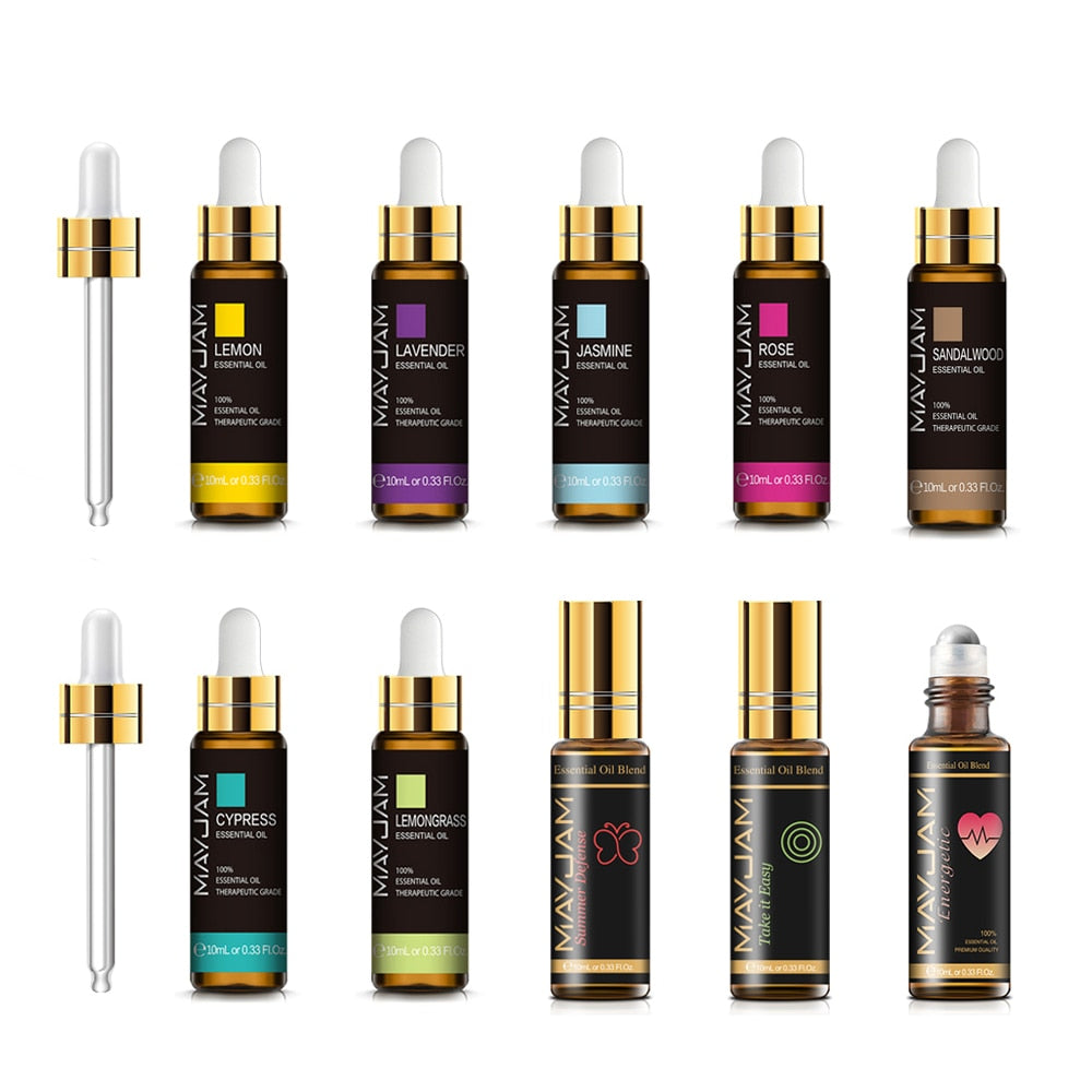 Collection of MayJam essential oil bottles with droppers on a white background