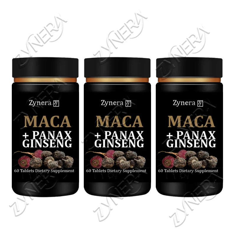 Three bottles of Zynera Maca + Panax Ginseng dietary supplements on a white background.