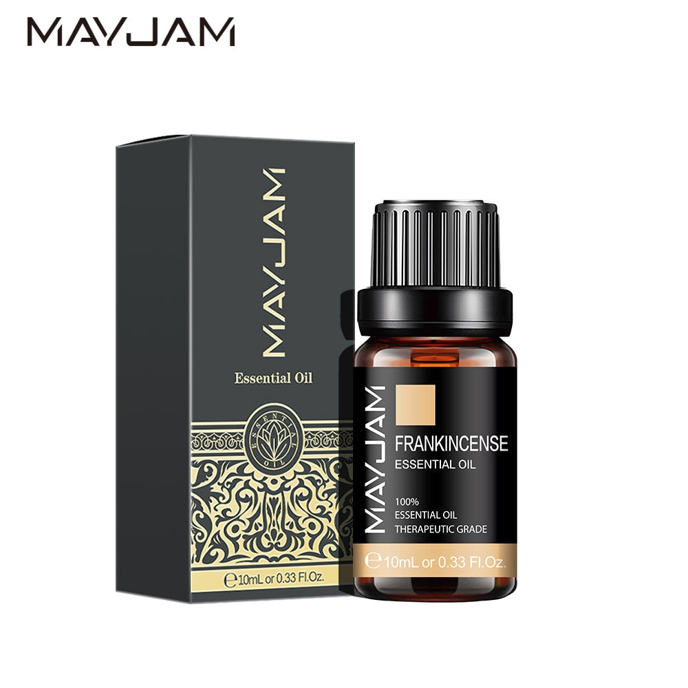 MayJam Frankincense essential oil bottle and packaging on a white background