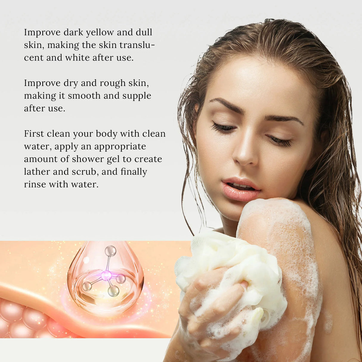 Woman applying shower gel with text about skin improvement and usage instructions.