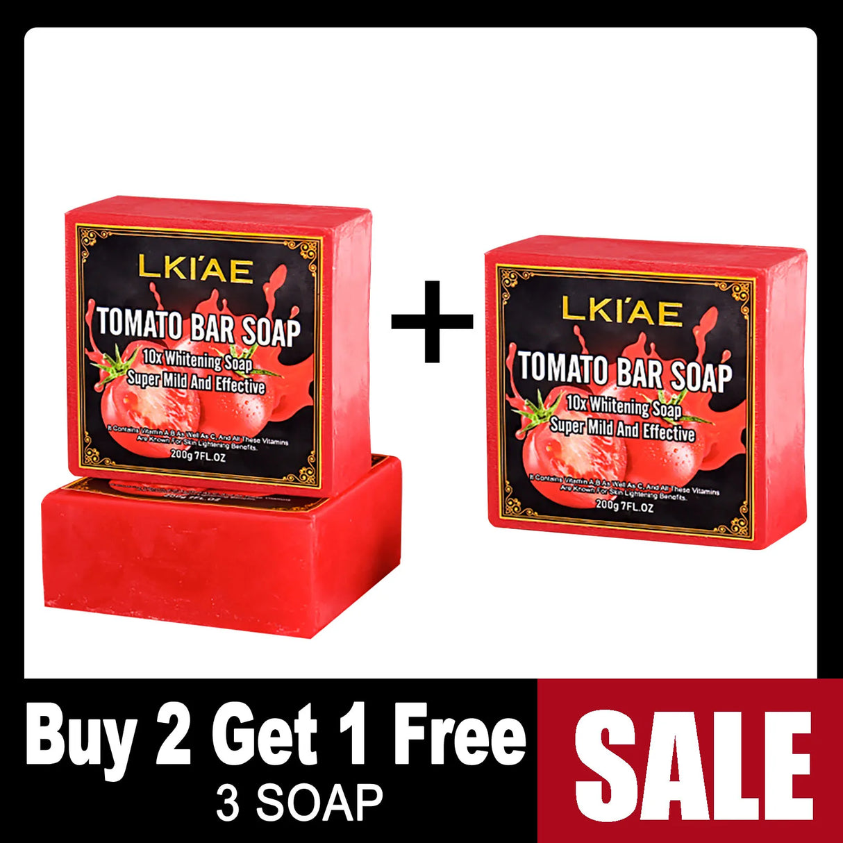Two boxes of LKIAE Tomato Bar Soap with a 'Buy 2 Get 1 Free' sale label on a white background.