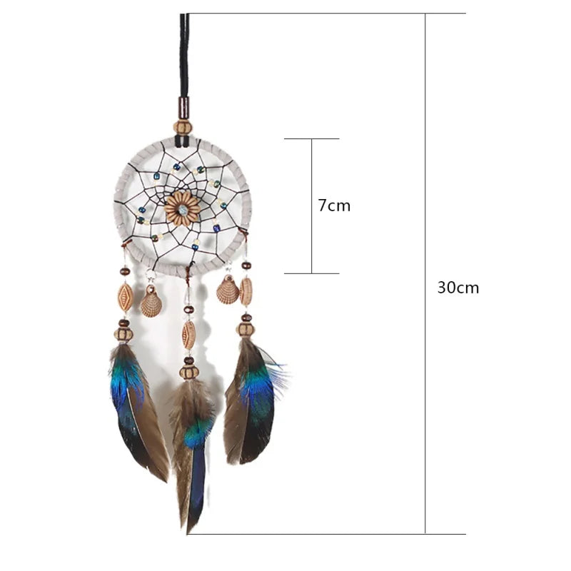 Dreamcatcher with feathers and beads, shown with dimensions on a white background