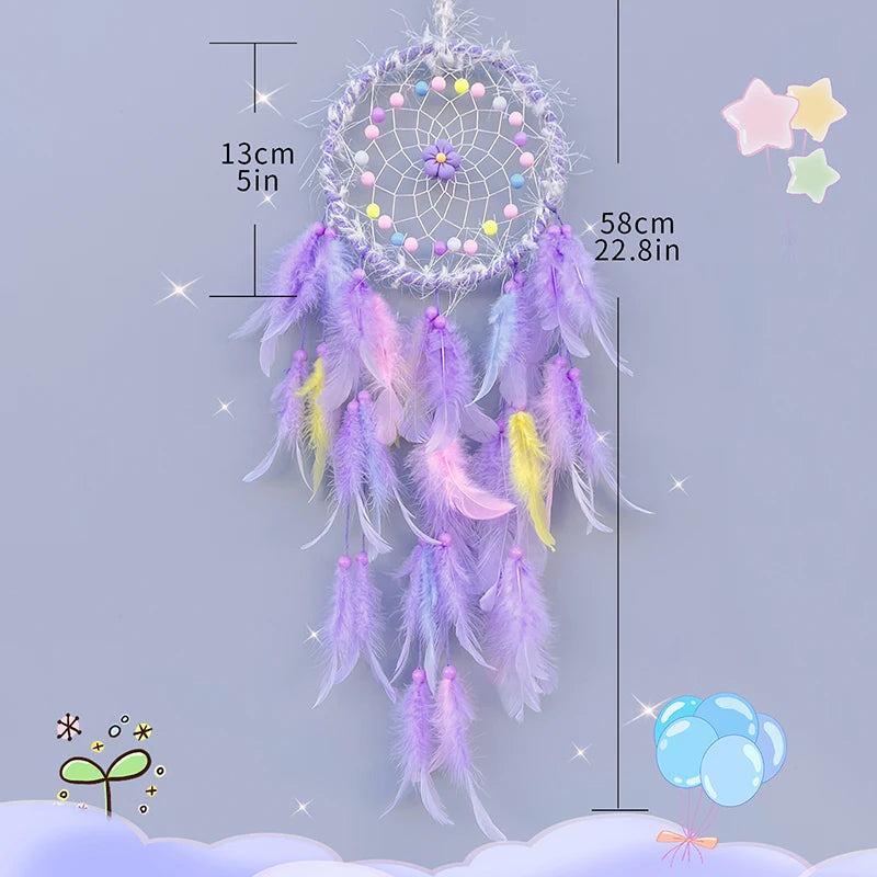Decorative dreamcatcher with feathers and measurements on a light blue background