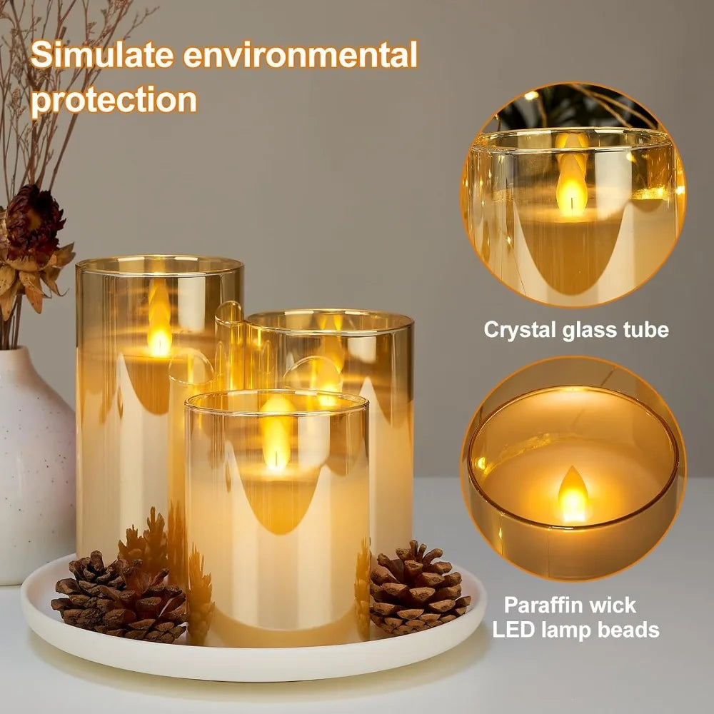 Decorative candles with crystal glass tubes, paraffin wick, and LED lamp beads on a neutral background.