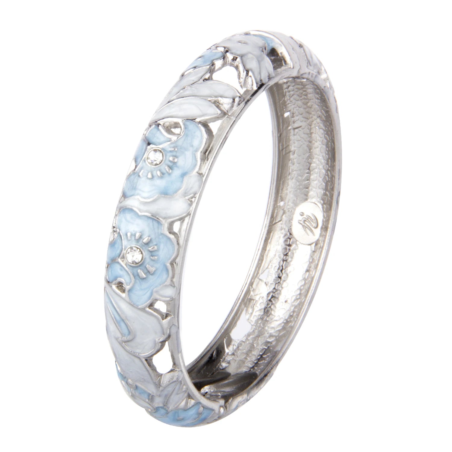 Silver ring with blue floral designs on a white background