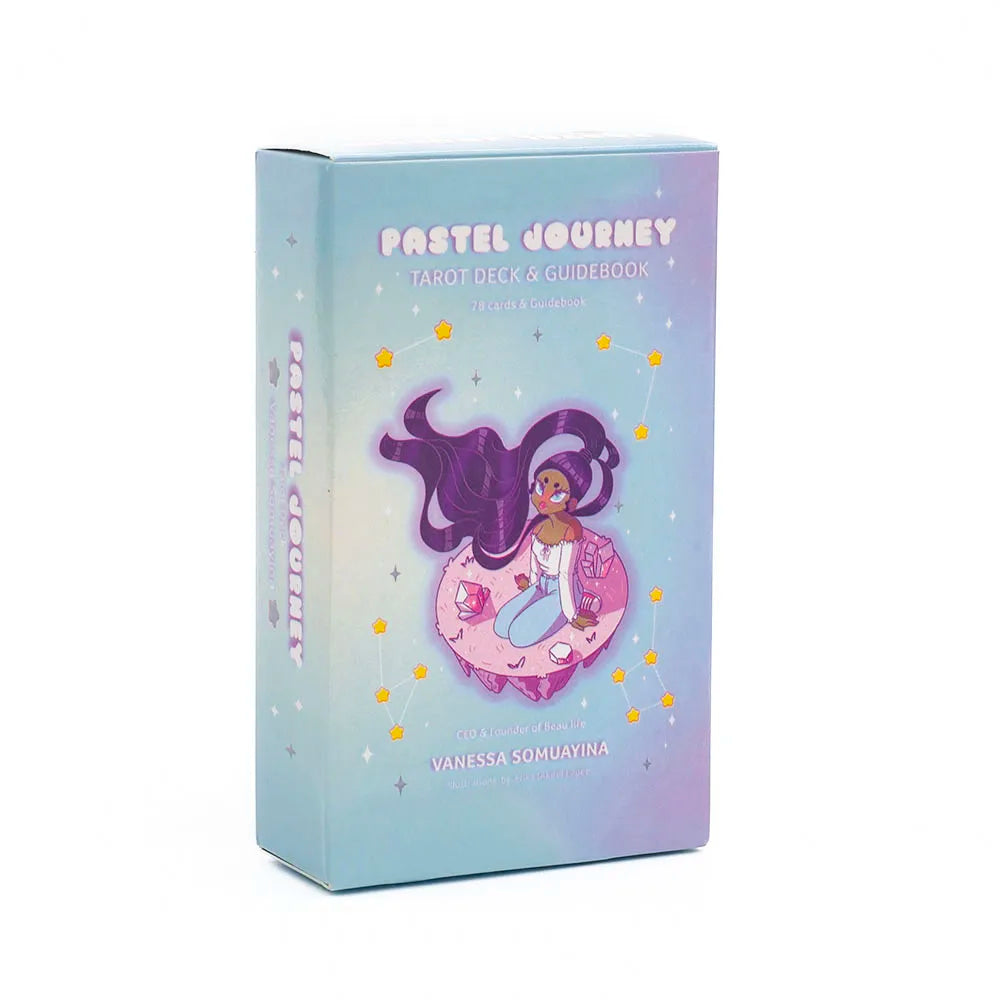 Pastel Journey Tarot Deck & Guidebook packaging with a stylized illustration of a woman on a colorful background.