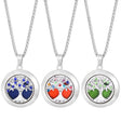 Three tree-shaped locket necklaces with colorful heart designs on a white background