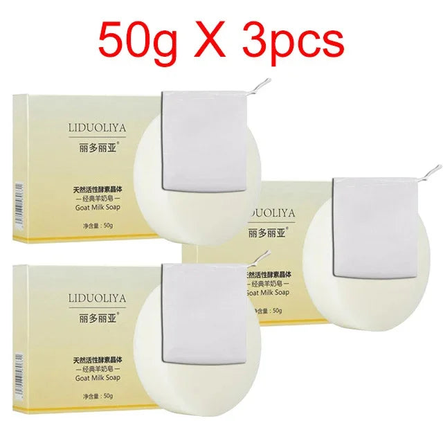 Three bottles of LIDUOLIYA goat milk soap with packaging on a white background.