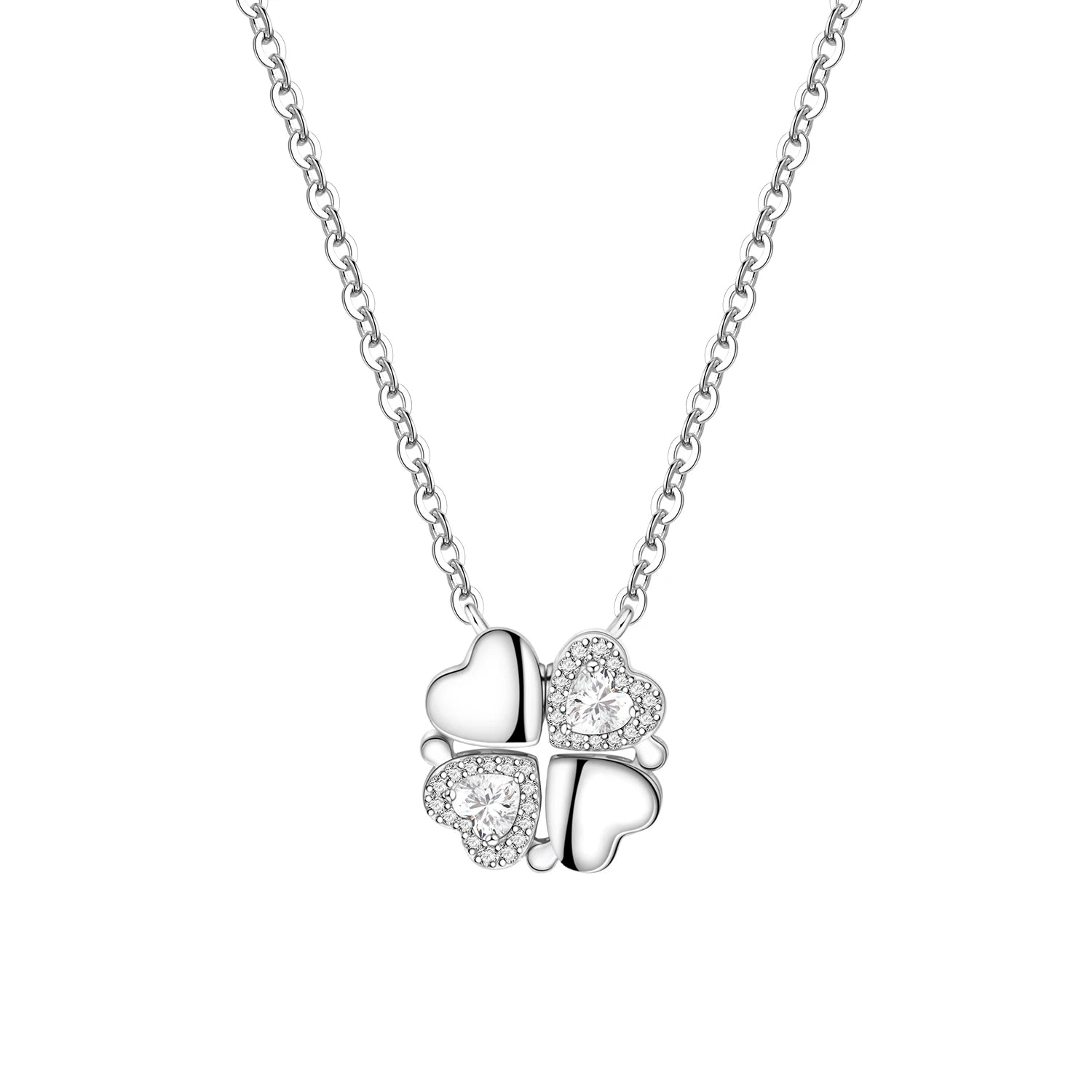 Silver necklace with a clover-shaped pendant on a white background