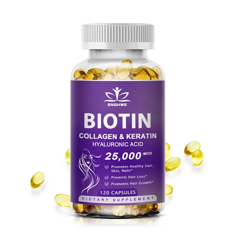 Bottle of biotin supplements with purple label and yellow capsules on a white background