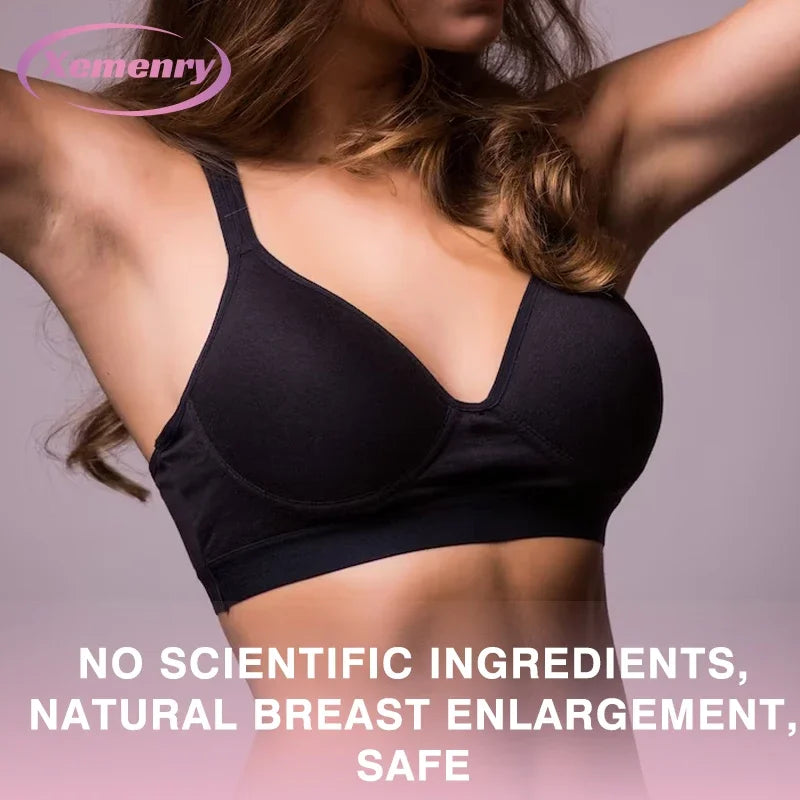 Woman wearing a black bra with text about natural breast enlargement on a gray background