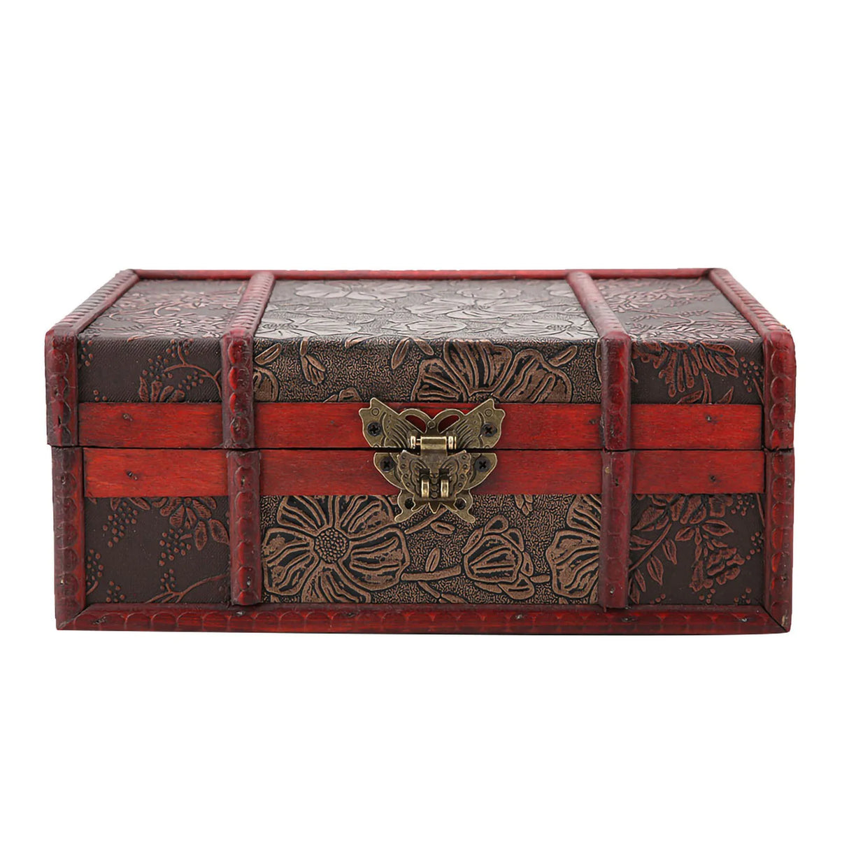 Decorative wooden box with floral patterns and a red stripe on a white background