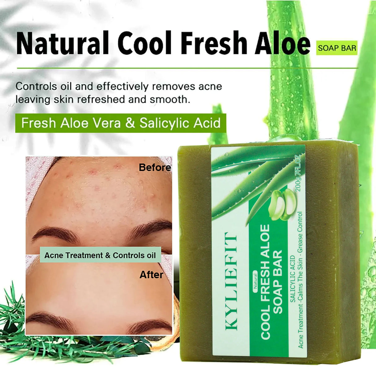 Kyliefit Cool Fresh Aloe soap bar with aloe vera leaves and before-and-after skin treatment image.