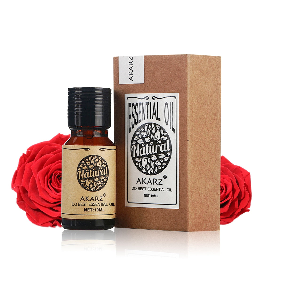 AKARZ essential oil bottle and box with red roses on a white background