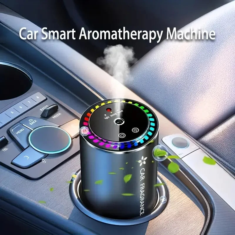 Car Smart Aromatherapy Machine in a car's cup holder with colorful LED lights.