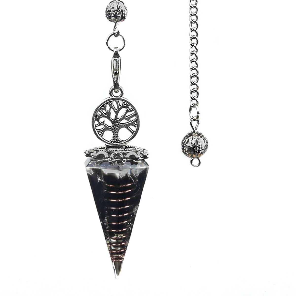 Crystal pendulum with tree of life design on a white background