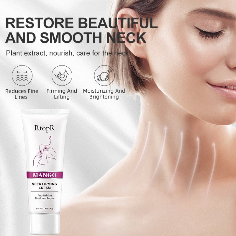 Advertisement for RtopR Mango Neck Firming Cream with a woman's neck and product shown.