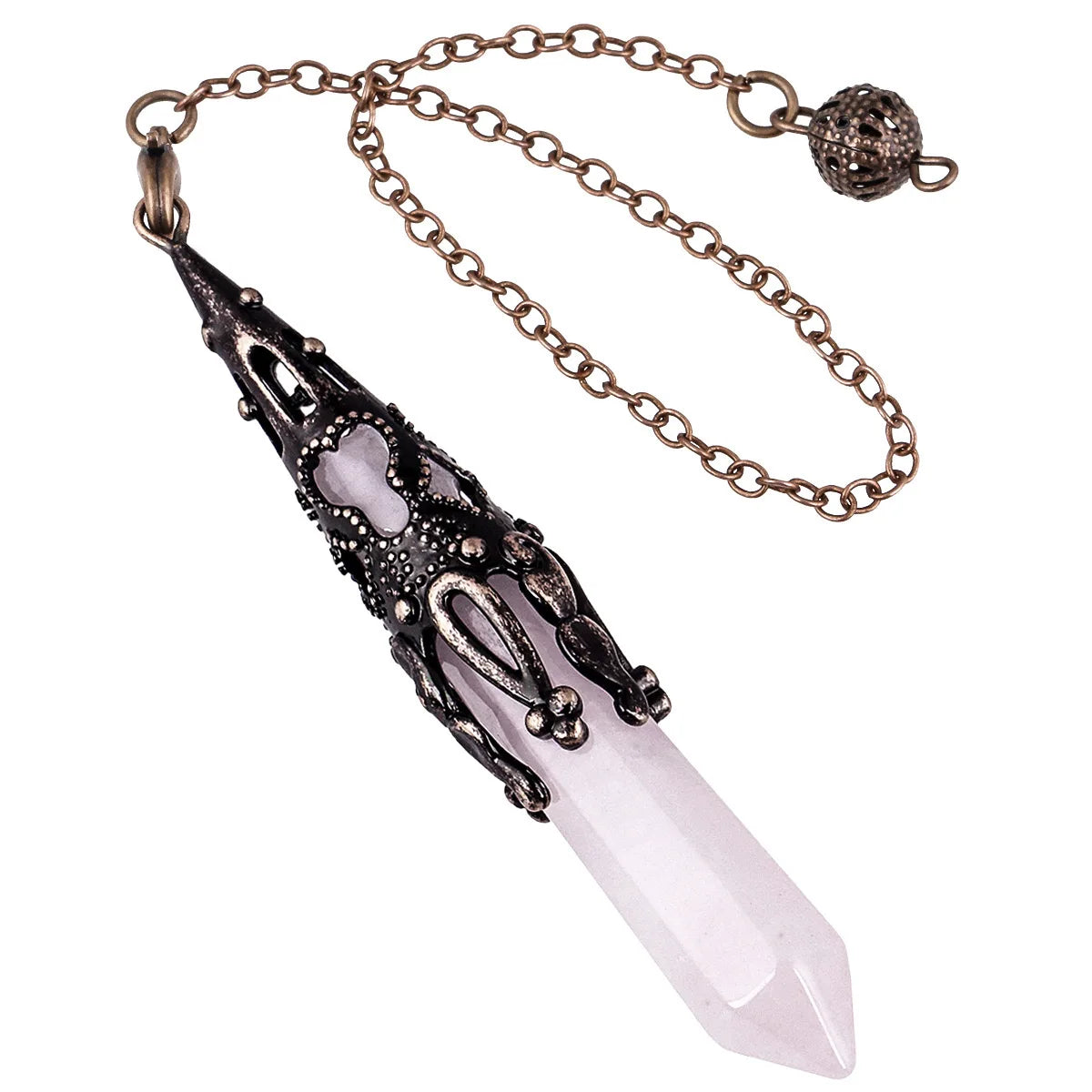 Necklace with a decorative pendant featuring a crystal on a white background