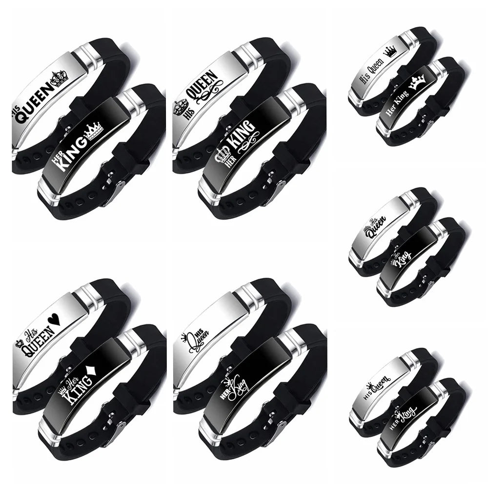Set of black and silver bracelets with 'King' and 'Queen' text on a white background