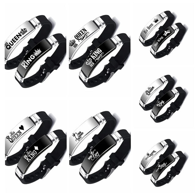 Set of black and silver bracelets with 'King' and 'Queen' text on a white background