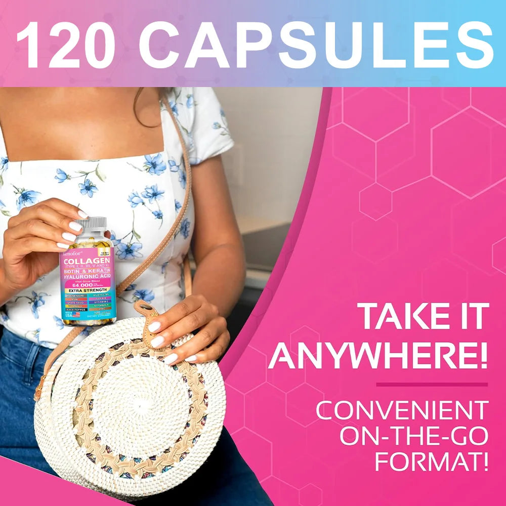 Person holding a supplement bottle with promotional text about 120 capsules and convenience.
