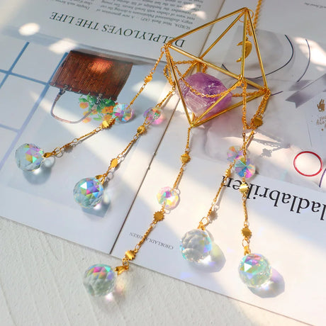 Decorative necklace with geometric pendant and colorful beads on a magazine background