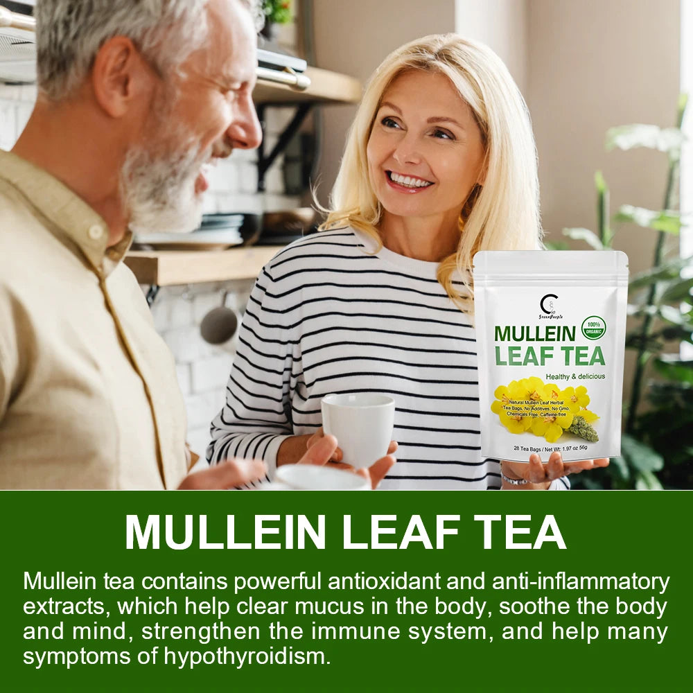 Man and woman in a kitchen with Mullein Leaf Tea packaging and text about tea benefits.