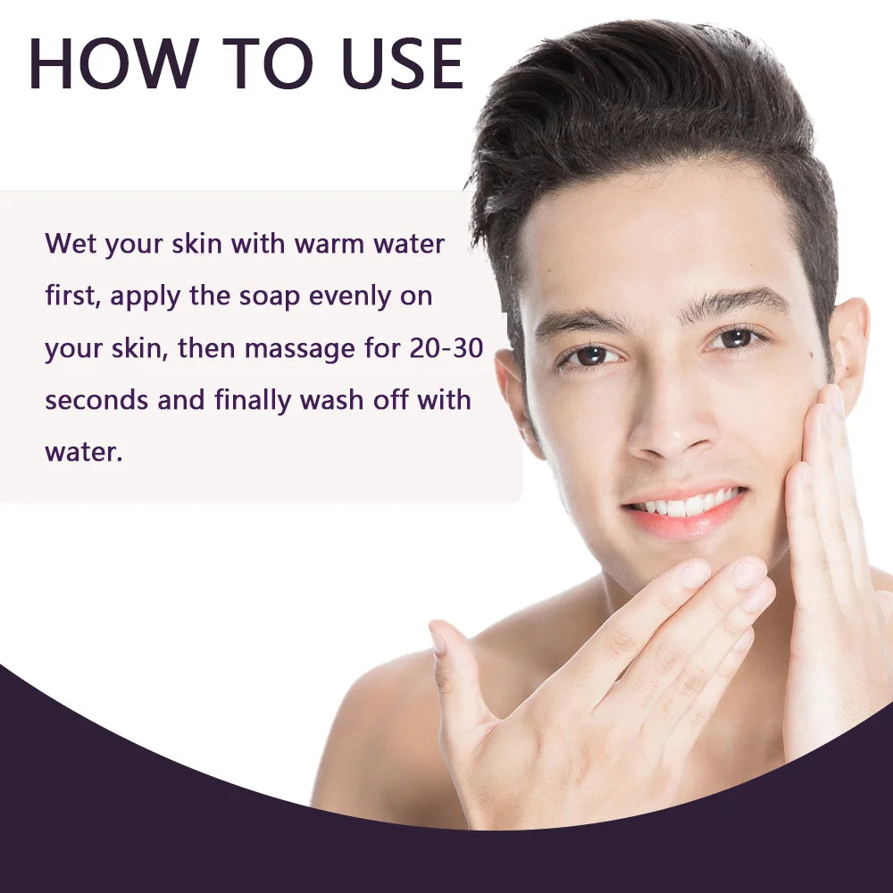 Man applying soap to his face with text on how to use soap.