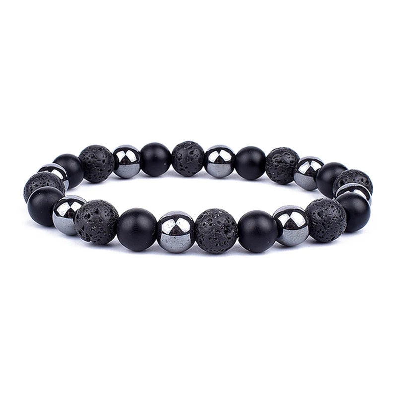 Black and silver beaded bracelet on a white background