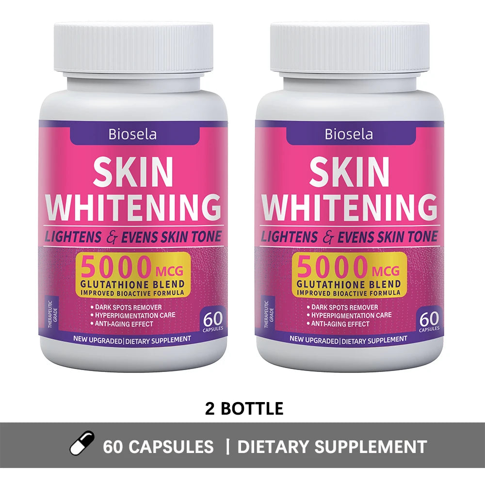 Two bottles of Biosela Skin Whitening dietary supplements on a white background