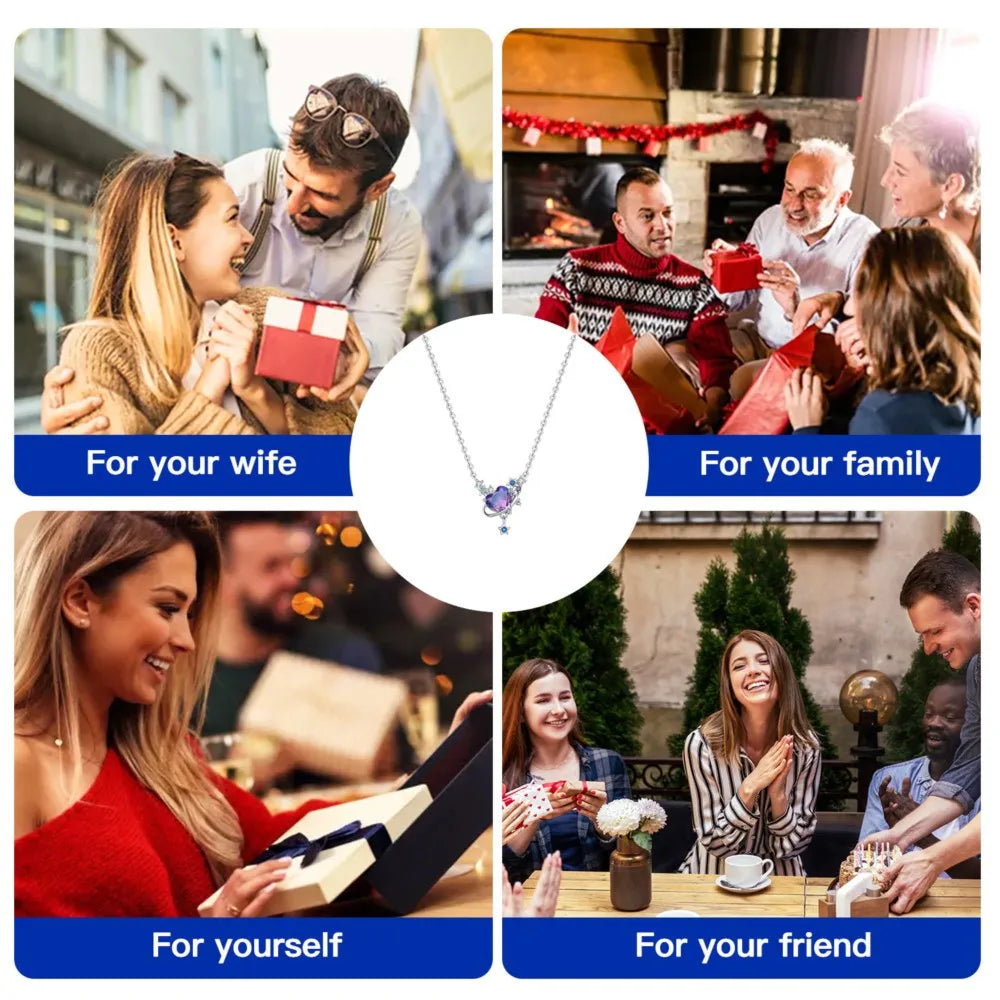 Collage of people exchanging gifts with a necklace in the center, labeled for different recipients.