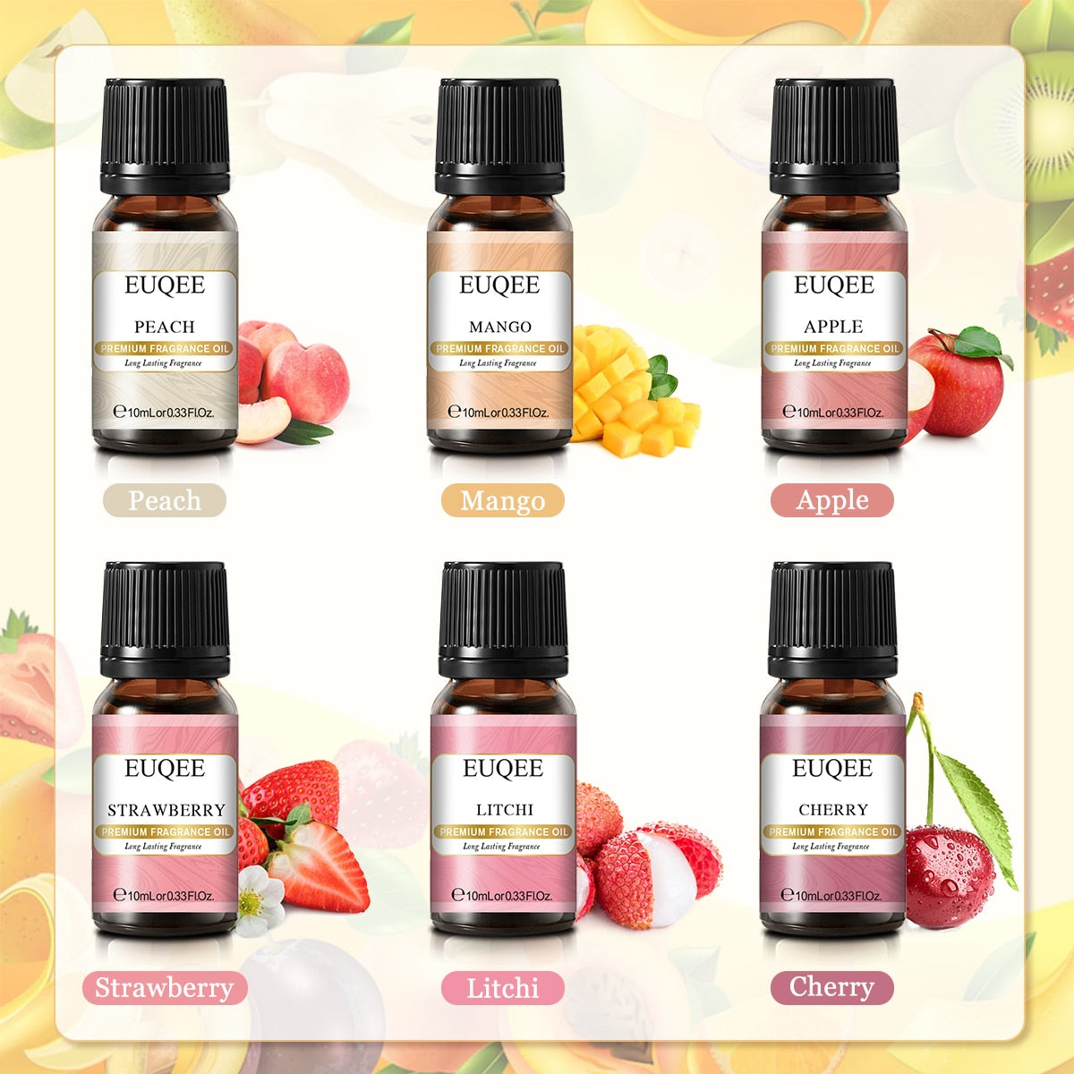 Set of EUQEE essential oil bottles with fruit illustrations on a colorful background