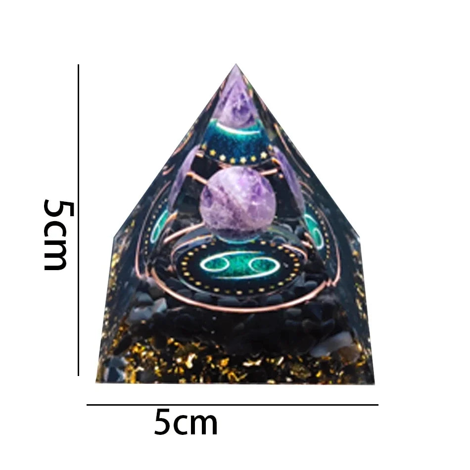 Pyramid-shaped decorative item with a purple crystal, dimensions indicated, on a white background