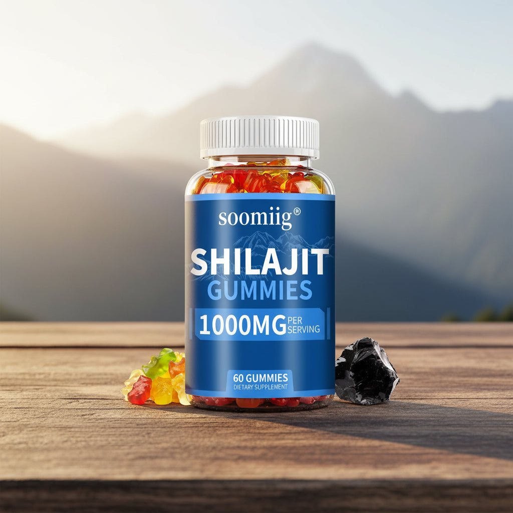 Soomiig Shilajit Gummies 1000MG bottle with gummy bears and black stone on a white background