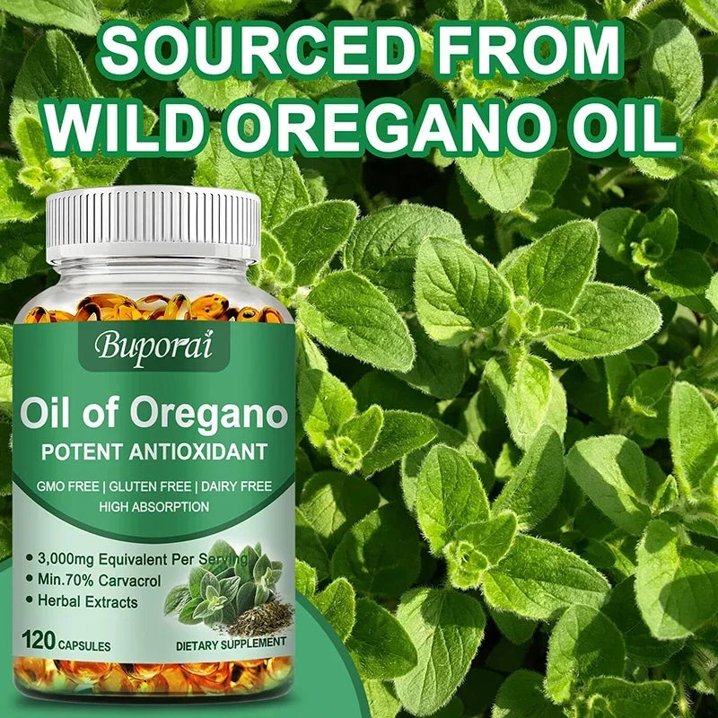 Buporai Oil of Oregano supplement bottle with oregano leaves in the background