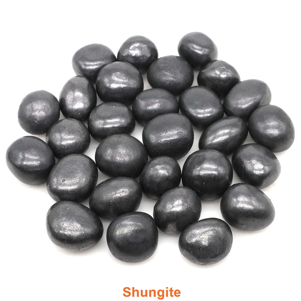 Shungite stones on a white background with 'Shungite' label.