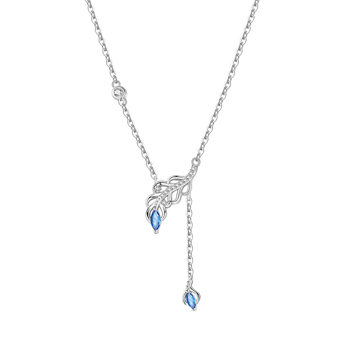 Silver necklace with blue gemstones on a white background