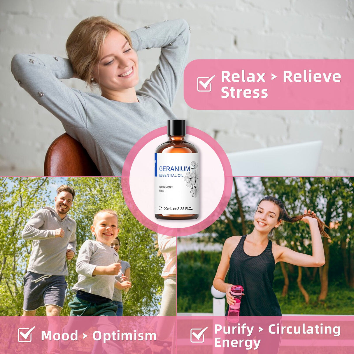 Woman relaxing with text 'Relax > Relieve Stress', Geranium essential oil bottle, family playing outdoors, woman exercising with text 'Mood > Optimism' and 'Purify > Circulating Energy'.
