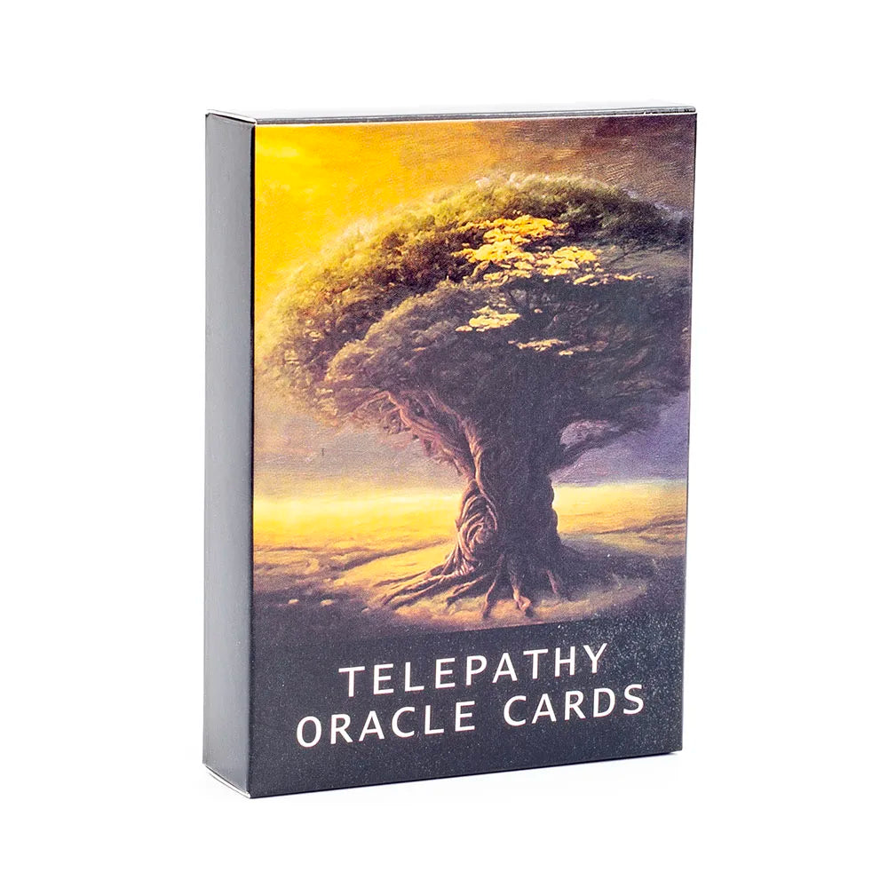 Box of Telepathy Oracle Cards with a large tree design on a white background