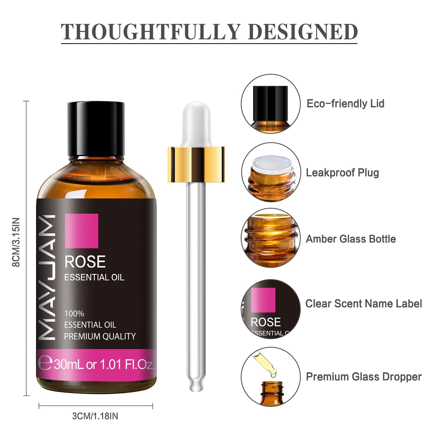 MayJam Rose essential oil bottle with dropper and features listed on a white background
